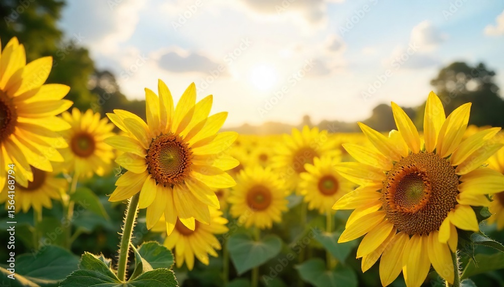 Fototapeta premium Golden Sunlight Bathes Vibrant Yellow Sunflowers in a Summer Field, creating a cheerful and happy scene stretching to the horizon. Perfect for summer, nature, and happiness themes.
