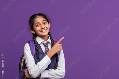 Smiling schoolgirl in uniform with backpack, pointing right against a purple backdrop