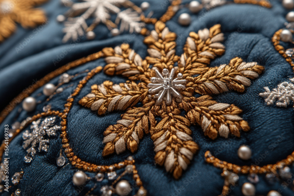 Fototapeta premium Blue and gold embroidered pillow up close.