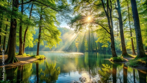 Dense forest with tall trees standing under a warm sunbeam breaking through leaves and filtering onto a tranquil lake surface
