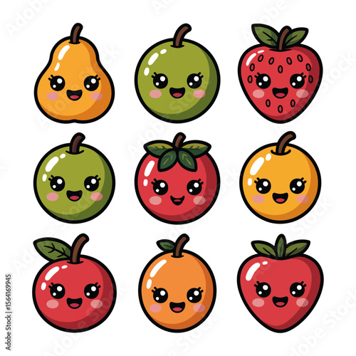 Fruitful Friends: A vibrant illustration of nine adorable and cheerful fruits, each with its own unique smiling face, brimming with happiness and delight. 