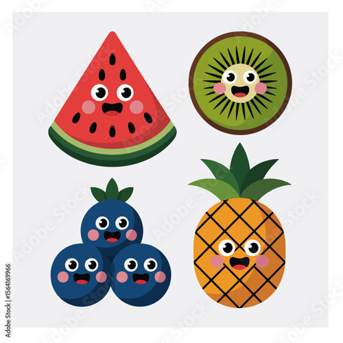 Sweet Fruity Faces: A whimsical and vibrant assortment of adorable fruit characters, featuring a juicy watermelon slice, a refreshing kiwi slice, plump blueberries, and a sunny pineapple.
