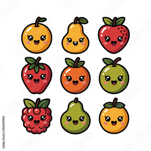 Cute Kawaii Fruits Collection: A delightful collection of kawaii-style fruits, including apples, pears, oranges, strawberries, and raspberries, each with a cheerful expression.