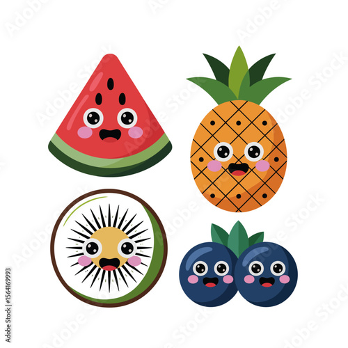 Fruitful Friends: A charming collection of animated fruits – a juicy watermelon, a spiky pineapple, a fuzzy kiwi, and plump blueberries – exuding pure delight and playful vibes. 