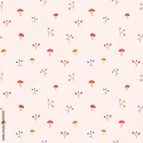 Cosy autumn seamless pattern with mushrooms and berries on a light background. Perfect for autumn textiles, prints, bedding, pillows, bedspreads, wallpaper