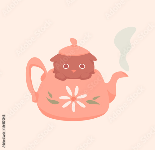 Fanny and cosy illustration of a cat looking out of a teapot in warm, pastel, brown and beige colours. Perfect for stickers, greeting cards, autumn decor, or social media graphics, print, stationery