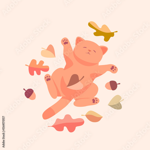 Cosy autumn illustration of a cute cat lying in yellow leaves. Warm, pastel colours, autumn mood. Perfect for stickers, greeting cards, autumn decor, or social media graphics, print, stationery