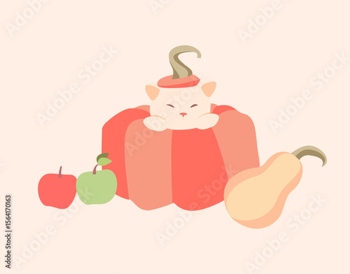 Funny autumn illustration of a cute white cat peeking out of a pumpkin in warm, pastel colours. Great for greeting cards, print, stationery, autumn decor, or social media graphics