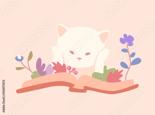 A cosy illustration of a cute white cat reading a book with leaves, berries and flowers peeking out. Delicate illustration in warm, pastel colours. Great for greeting cards, print, stationery