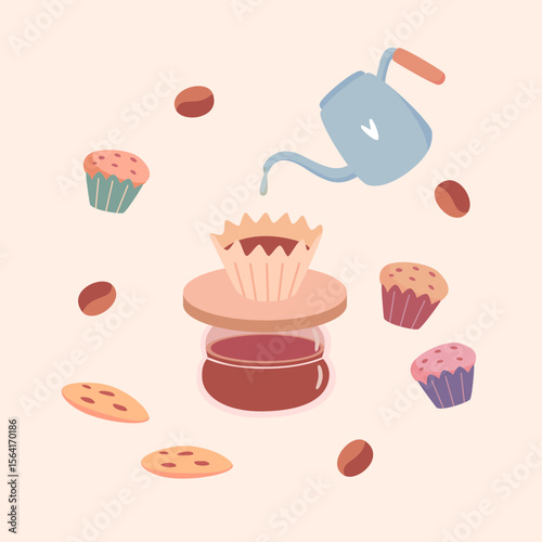 A cute coffee set with alternative coffee brewing, pour over, a cute teapot, desserts and coffee beans. Suitable for branding, stickers, badges, coffee shop design, cafes, greeting cards,