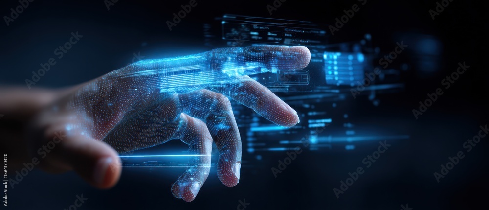 Obraz premium Digital hand interacting with futuristic interface technology and innovation concept