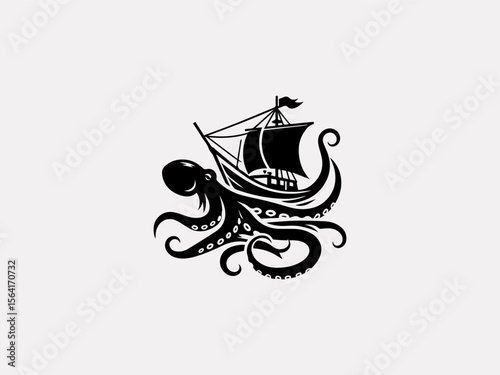 Minimalist octopus wrapping around ship silhouette vector logo for marine conservation groups