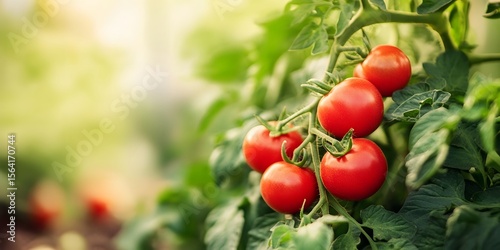 Ripe Red Tomatoes Growing on Vine in Greenhouse