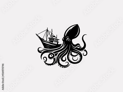 Minimalist octopus wrapping around ship silhouette vector logo for marine conservation groups