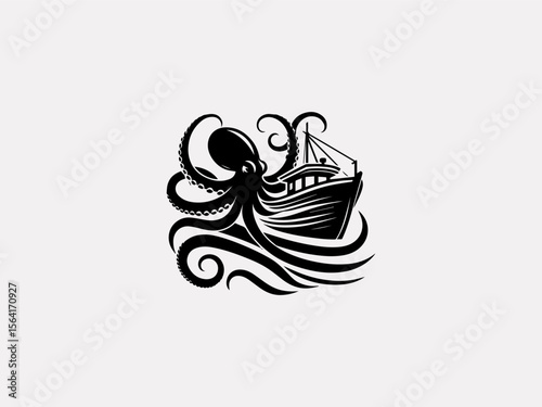 Minimalist octopus wrapping around ship silhouette vector logo for marine conservation groups