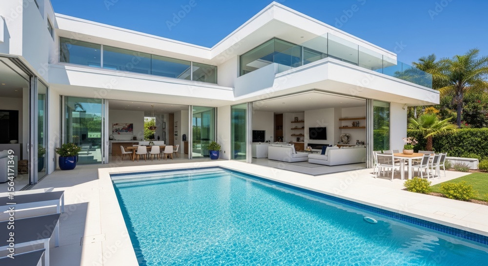 Fototapeta premium Luxurious modern home with pool featuring spacious outdoor living area