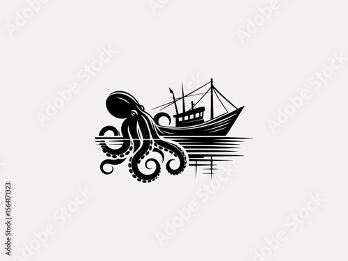 Minimalist octopus wrapping around ship silhouette vector logo for marine conservation groups