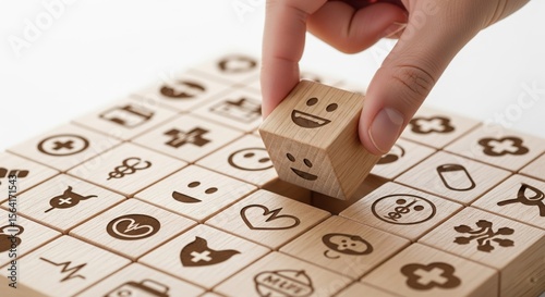 Wooden block puzzle with medical and emoji symbols for creative play