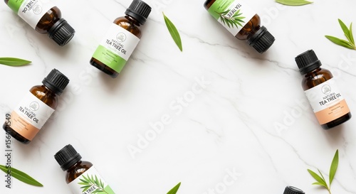 Various tea tree oil bottles with minimalist labels on marble background with green leaves