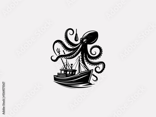 Minimalist octopus wrapping around ship silhouette vector logo for marine conservation groups