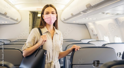 Young caucasian female on airplane wearing pink mask and holding bag