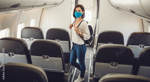Young caucasian female traveler wearing mask standing in airplane aisle