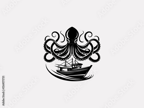 Minimalist octopus wrapping around ship silhouette vector logo for marine conservation groups