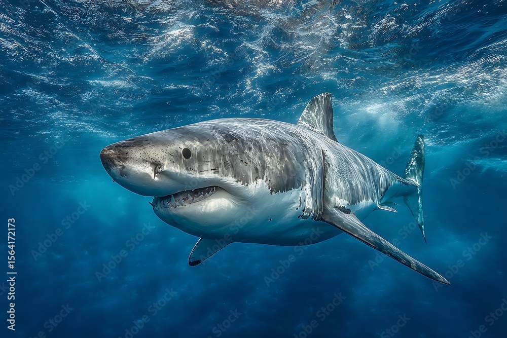 Fototapeta premium Vibrant great white shark deep blue ocean wildlife scene