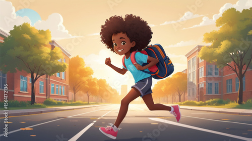 Afro american girl running to school at sunset.
