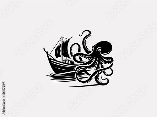 Vintage nautical octopus attacking ship vector logo for rum brands or pirate merchandise