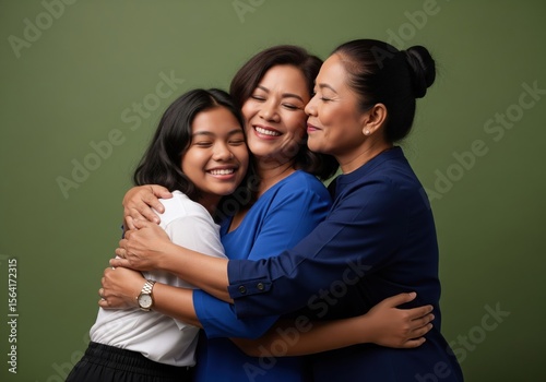 Three Generations Joyful Connection. A heartwarming group of women from diverse ages share an affectionate embrace. This image symbolizes strong familial bonds and pure happiness.