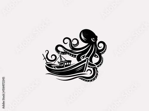 Vintage nautical octopus attacking ship vector logo for rum brands or pirate merchandise