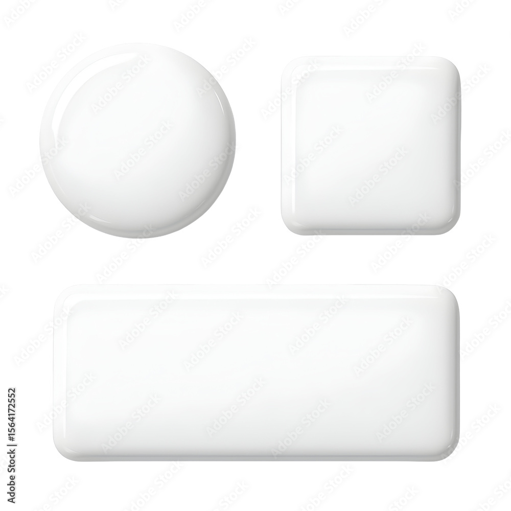 Three white, glossy, blank interface buttons circle, square, rectangle Three white, glossy, blank interface buttons circle, square, rectangle
