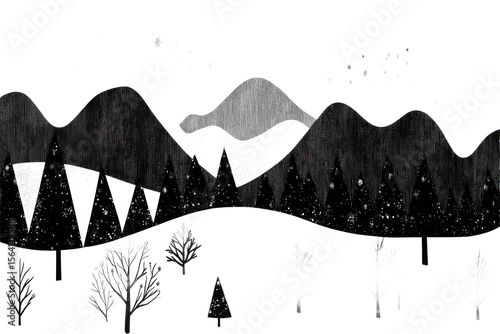 Landscape illustration featuring mountains and Christmas trees in black on white. Great for winter or greeting card themes. PNG background.