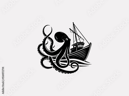 Vintage nautical octopus attacking ship vector logo for rum brands or pirate merchandise