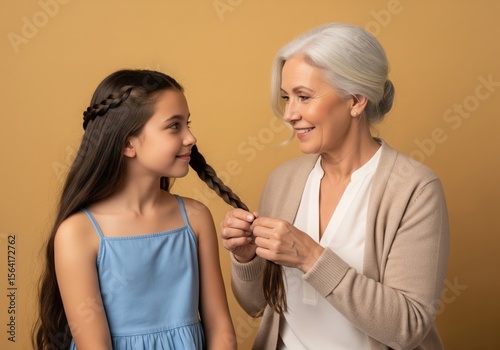 Generations Share Hair Braiding Moment. A senior woman meticulously braids the lengthy locks of a joyful young girl. This heartwarming scene symbolizes care, familial love, and cherished.