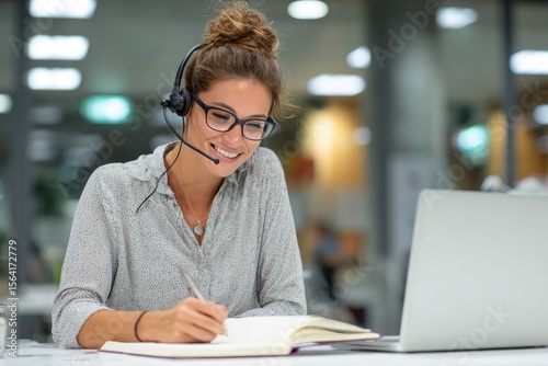 Smiling woman with headset, glasses, and pen, taking notes at a laptop in a modern office setting
