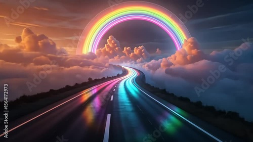 A winding road leads to a rainbow arching over fluffy clouds at sunset or sunrise scenery view