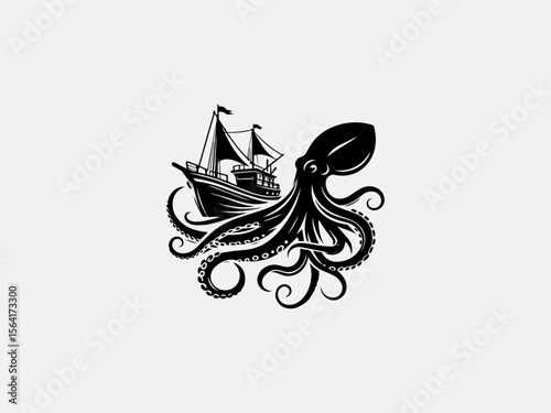 Vintage nautical octopus attacking ship vector logo for rum brands or pirate merchandise
