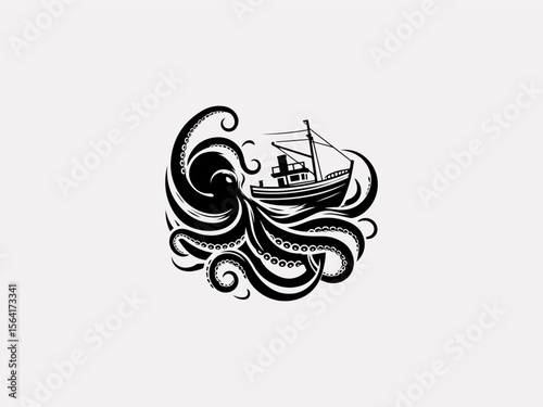 Vintage nautical octopus attacking ship vector logo for rum brands or pirate merchandise
