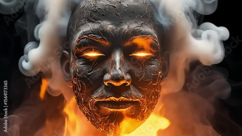 A dark textured face with glowing eyes surrounded by smoke and flames against a black background