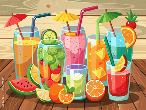 vector of Set of various fresh iced fruit drinks decorated with straws on wooden background.