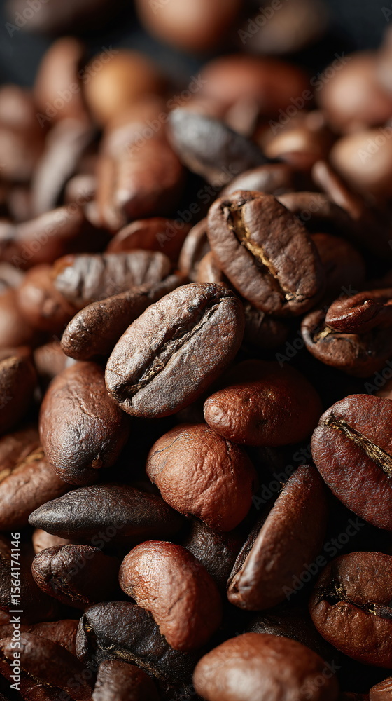 Naklejka premium A close up of dark brown roasted coffee bean. Whole beans detail. Morning beverage ingredient background for menu design.
