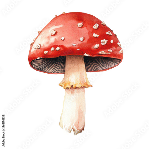 Red mushroom watercolor illustration for forest, fairytale, or autumn themes. PNG transparent background.