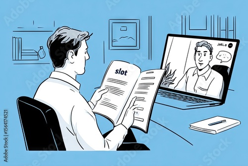 A man sits at a desk reviewing a document while simultaneously participating in a video conference on his laptop