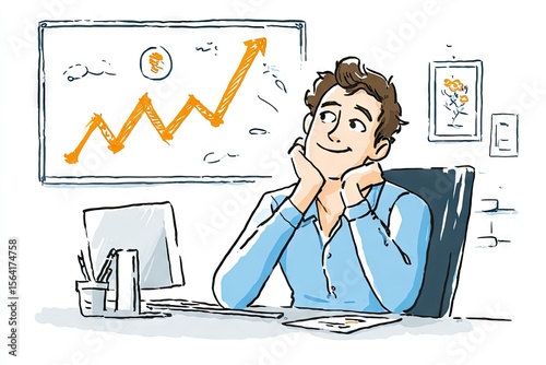 A man sits at his desk, hands under his chin, contentedly gazing at a whiteboard displaying a sharply rising graph, suggesting success and positive growth