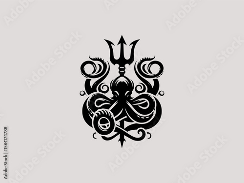 Vintage nautical octopus wrapped around anchor vector logo for seafood restaurants or marinas