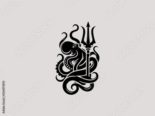 Vintage nautical octopus wrapped around anchor vector logo for seafood restaurants or marinas