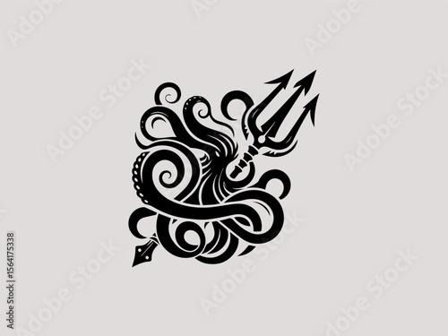 Vintage nautical octopus wrapped around anchor vector logo for seafood restaurants or marinas