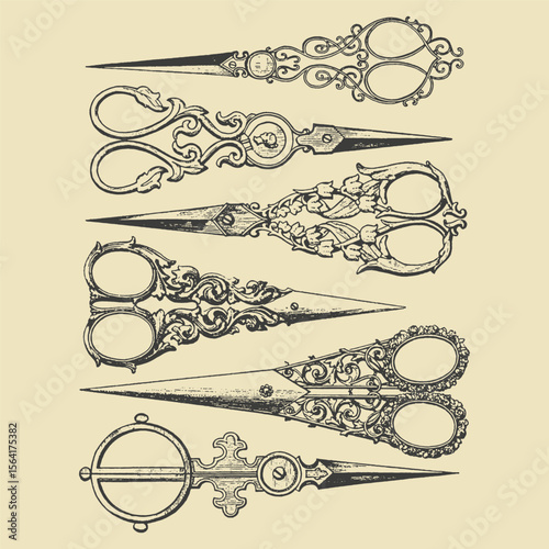 Vintage engraving of ornate antique scissors. Highly detailed decorative elements, perfect for historical and artistic designs.